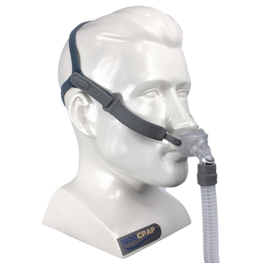 Angled View of React Health's 3B Rio II Nasal Pillow CPAP Mask W/ Headgear on Mannequin Head