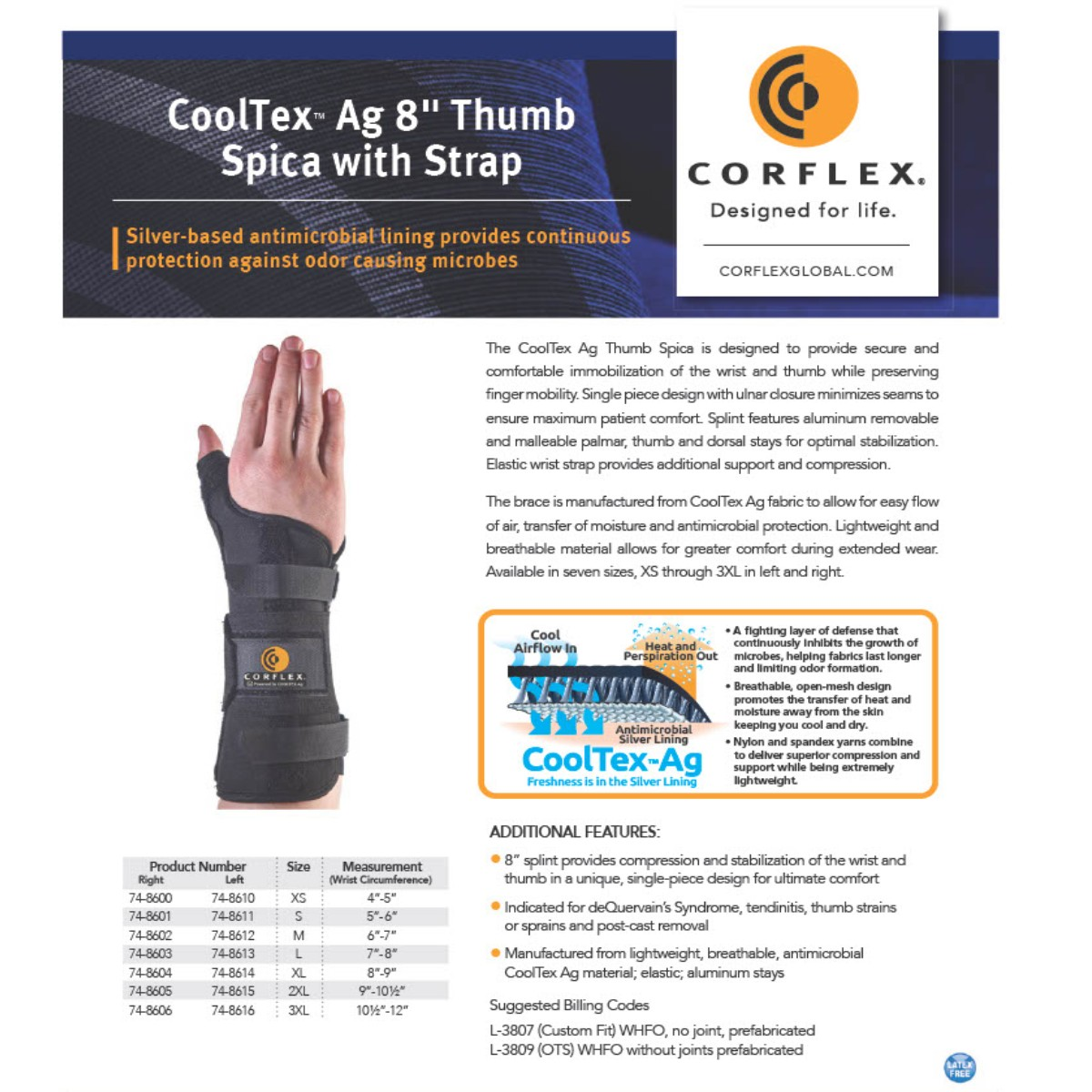 Brochure & Sizing Guide for CorFlex's CoolTex AG 8" Thumb Spica W/ Strap