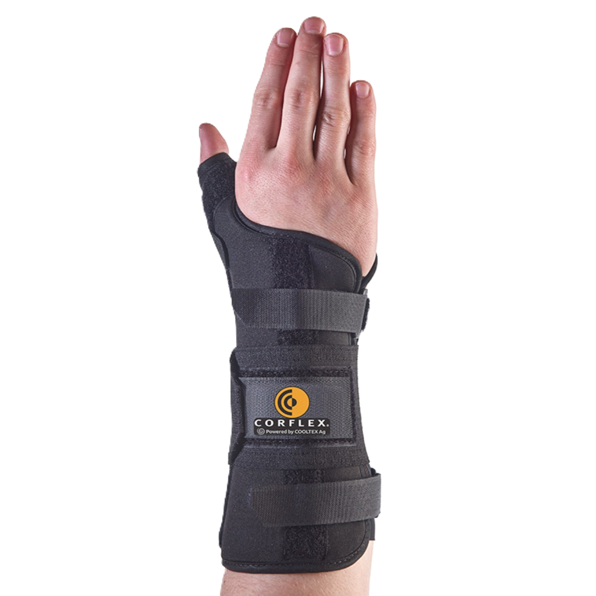 Top View Image of a Hand Using a CorFlex CoolTex AG 8" Thumb Spica W/ Strap