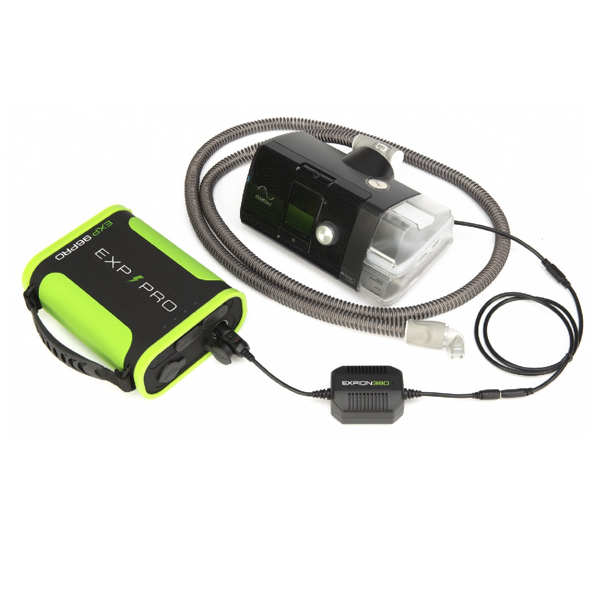 Stock Image of EXP 96 Pro Lithium Iron Battery W/ ResMed AirSense 10 CPAP Machine