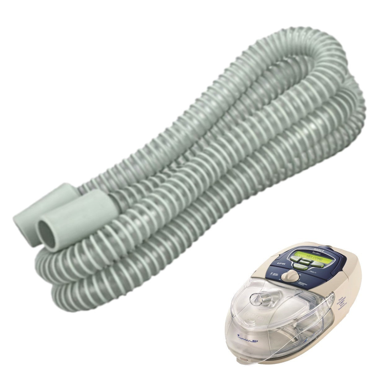 Stock photo of ResMed S8 VPAP Auto 25 machine with h4i humidifier CPAP tubing