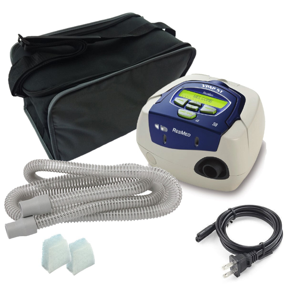 Stock photo of Certified Refurbished ResMed S8 VPAP ST machine, tubing, filters, machine bag, and power cord
