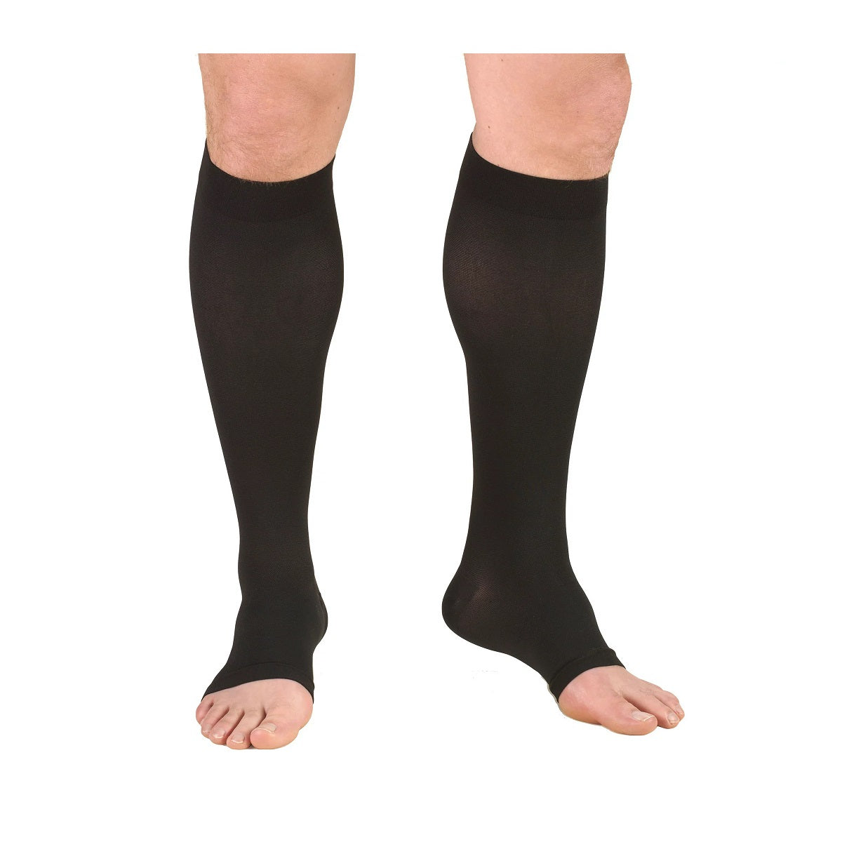 Stock photo of TRUFORM Open Toe Knee High compression stockings on a pair of legs