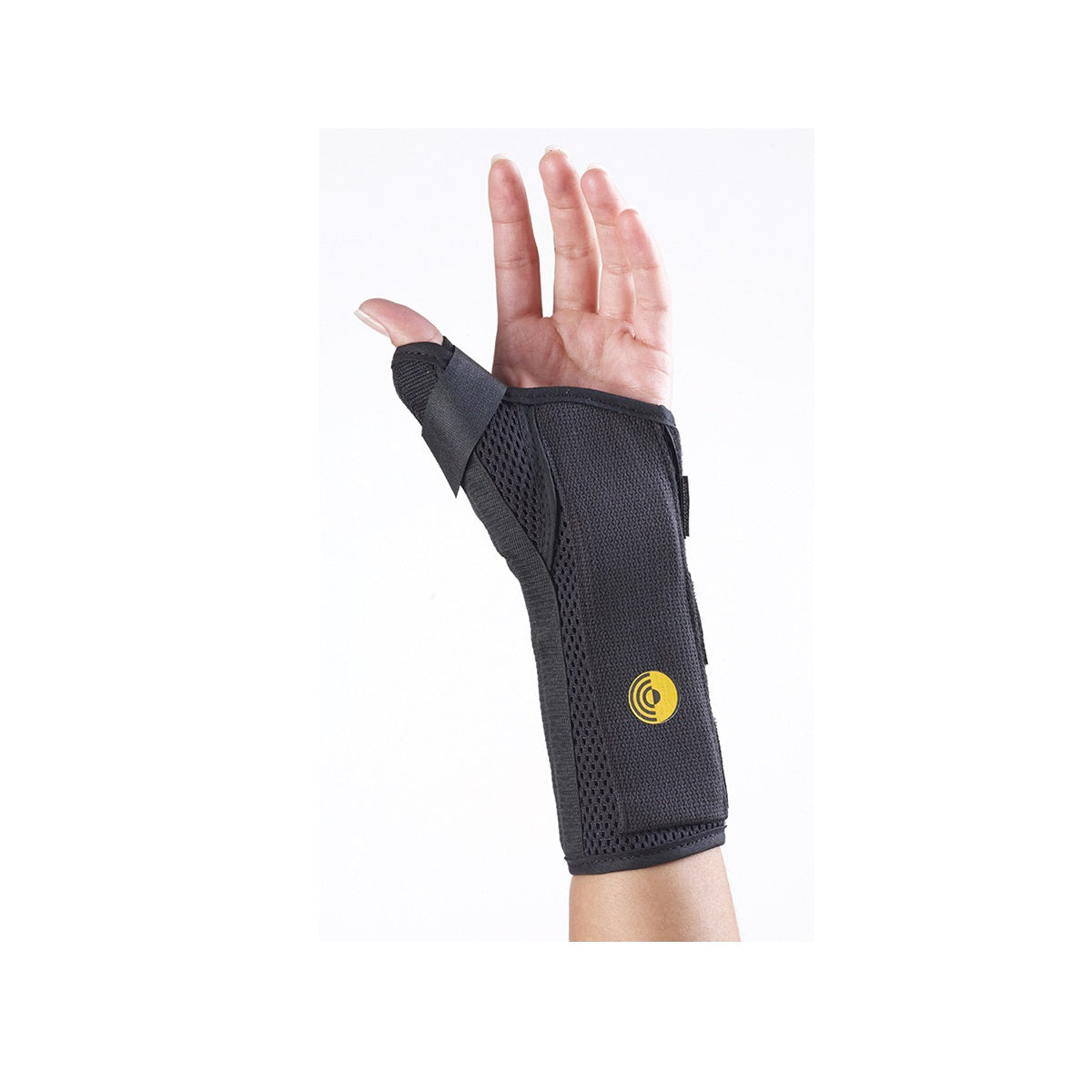 Stock photo of a hand wearing Corflex Ultra Fit Cool wrist splint with ABD thumb