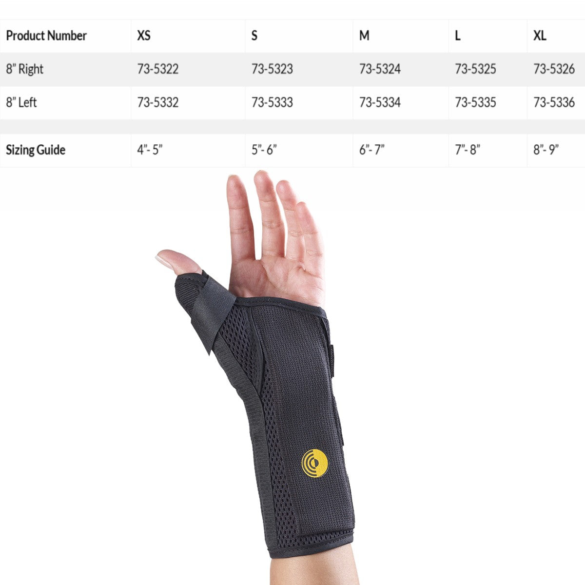 Stock photo of 8 inch Corflex Ultra Fit Cool Wrist splint on a hand with a sizing guide above it