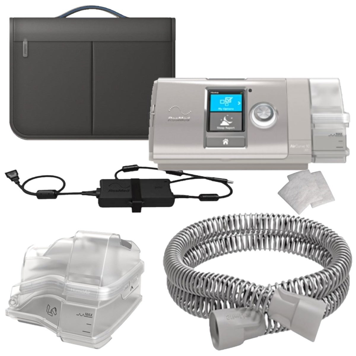 Stock Image of ResMed AirCurve 10 ASV Bi-Level CPAP Machine W/ Integrated Humidifier & Accessories