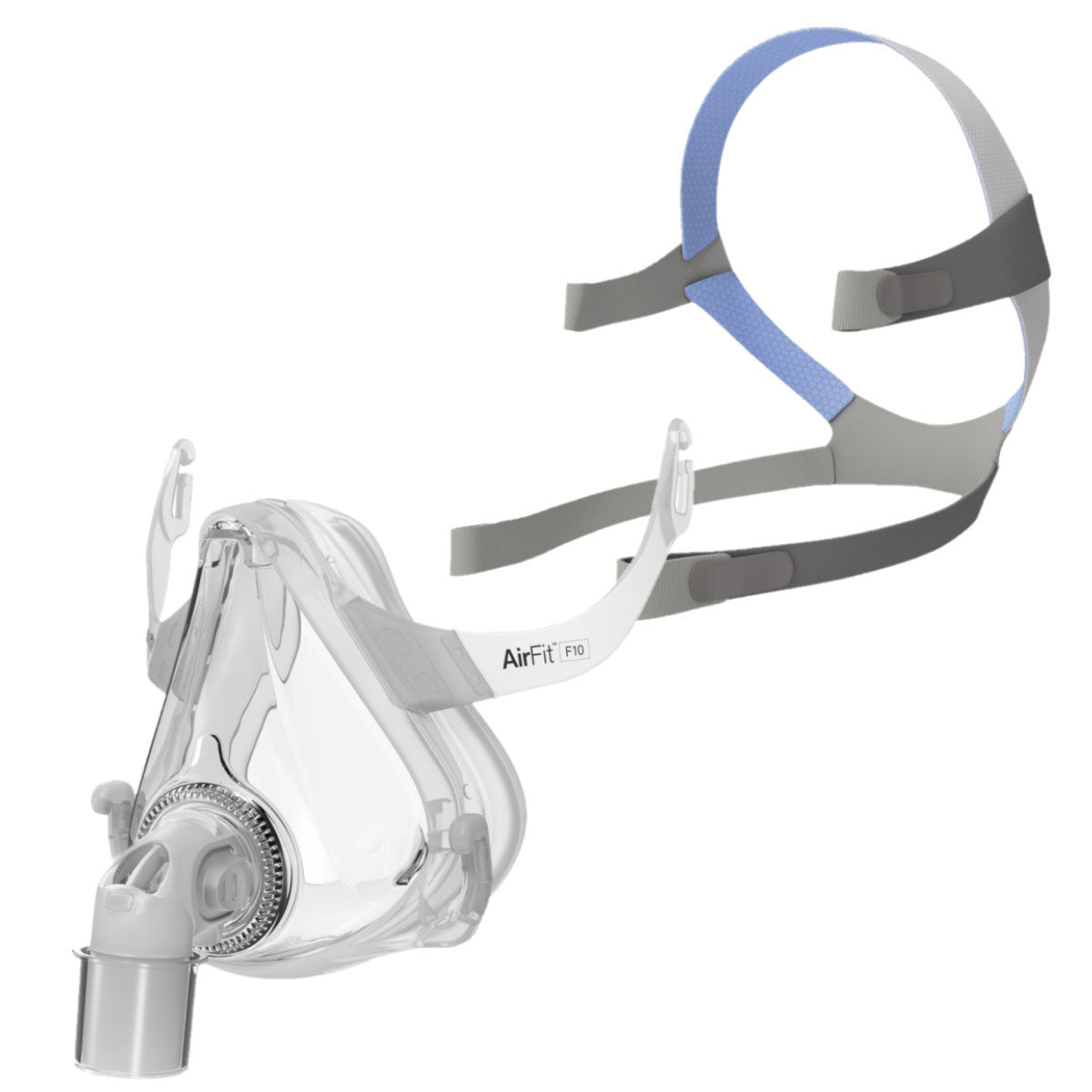 Left facing stock image of ResMed AirFit F10 full face CPAP mask with optional headgear