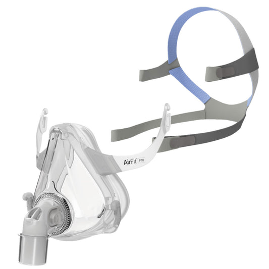 Left facing stock image of ResMed AirFit F10 full face CPAP mask with optional headgear