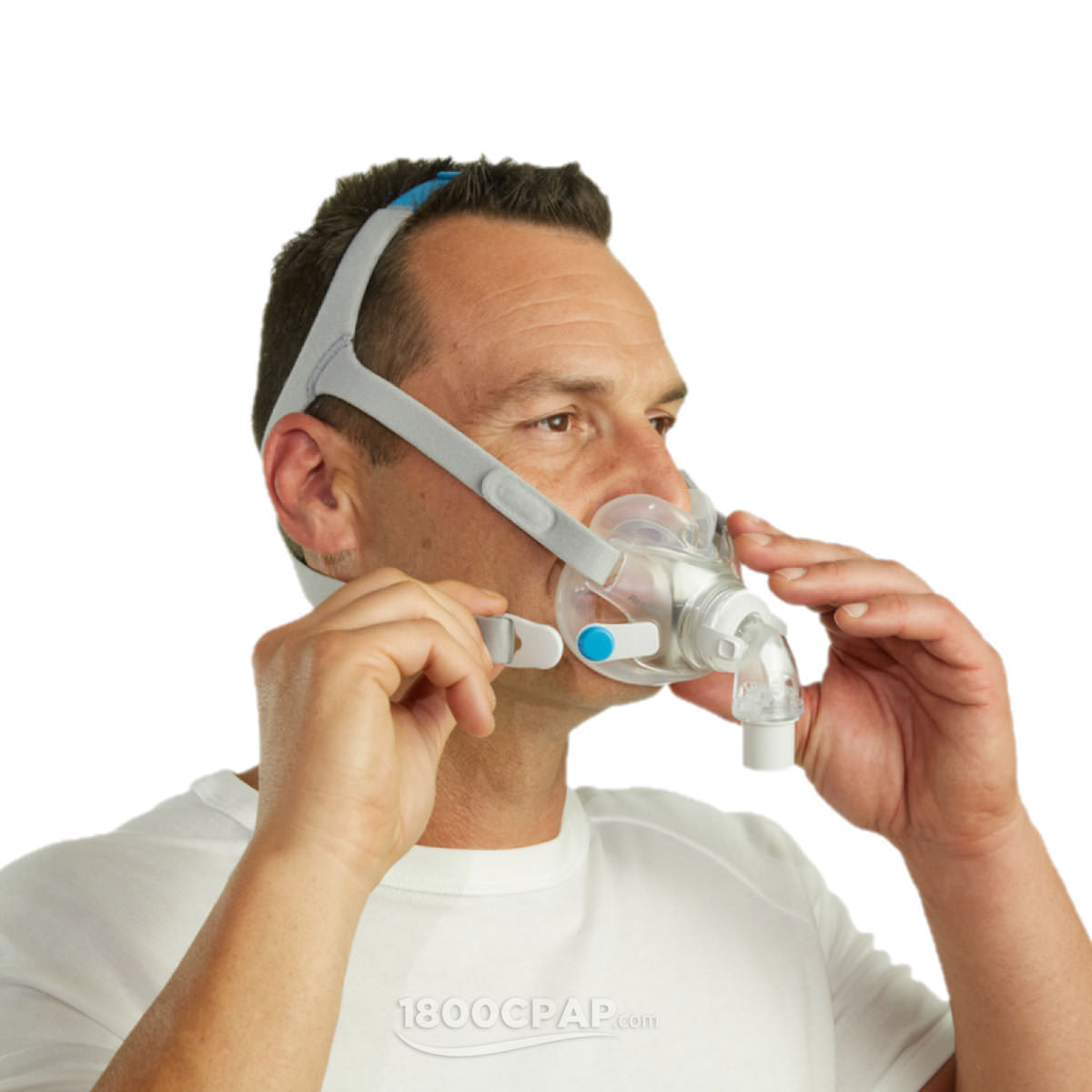Stock Image of Man Fitting His ResMed AirFit F30 Full Face CPAP Mask W/ Headgear