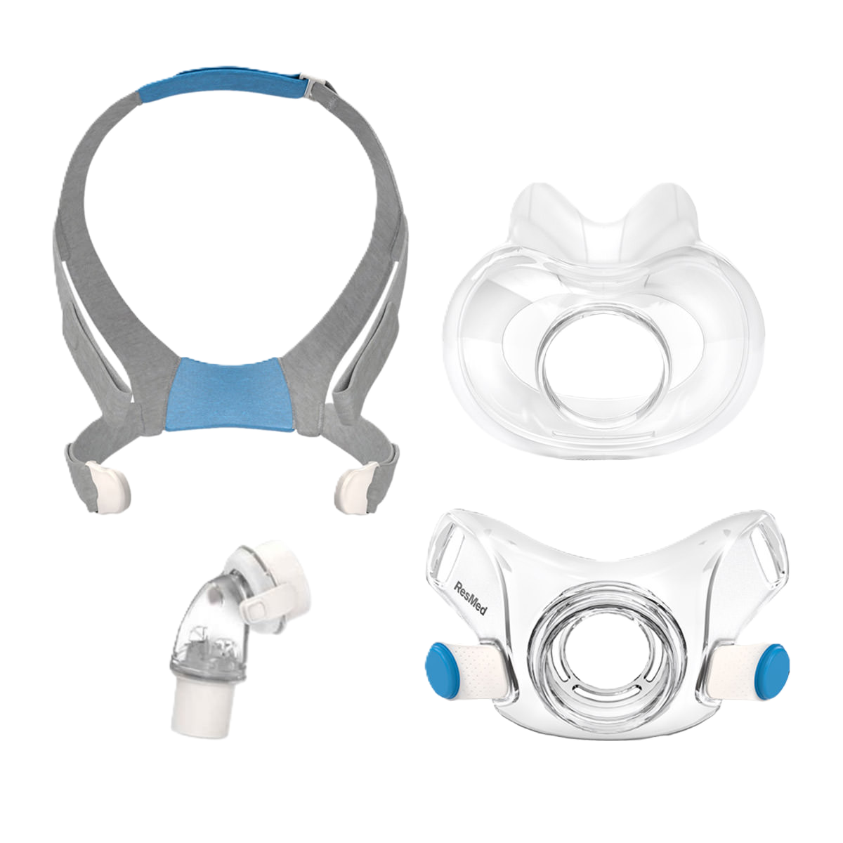 Floating Image of ResMed's AirFit F30 Full Face Mask Kit Disassembled