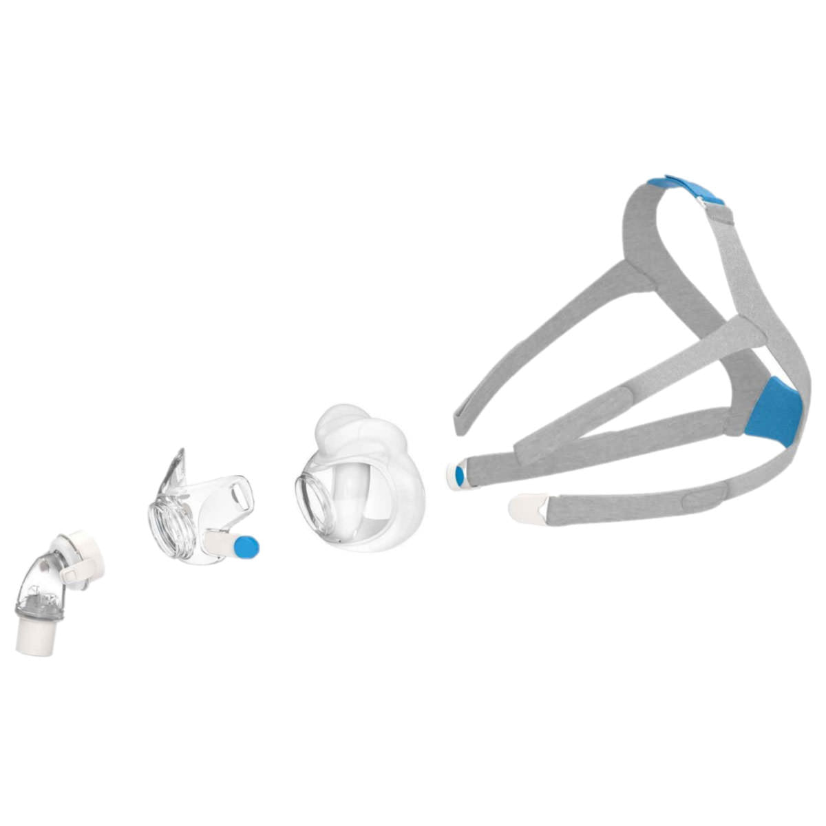 Angled Stock Image of ResMed AirFit F30 Full Face CPAP Mask W/ Headgear - Pieced Apart