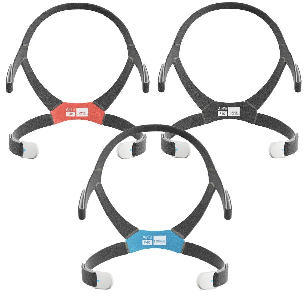 Front View of Various Sizes of ResMed's AirFit F40 Replacement Headgear