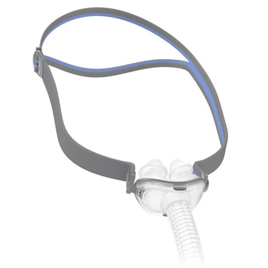 Angled Stock Image of ResMed AirFit P10 Nasal Pillow CPAP Mask W/ Headgear - Size Medium