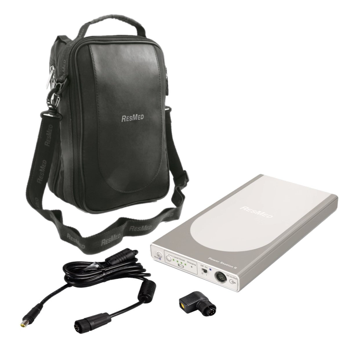 Stock photo of ResMed AirSense and AirCurve 10 Power Station II Battery, Travel Bag, and DC Cable