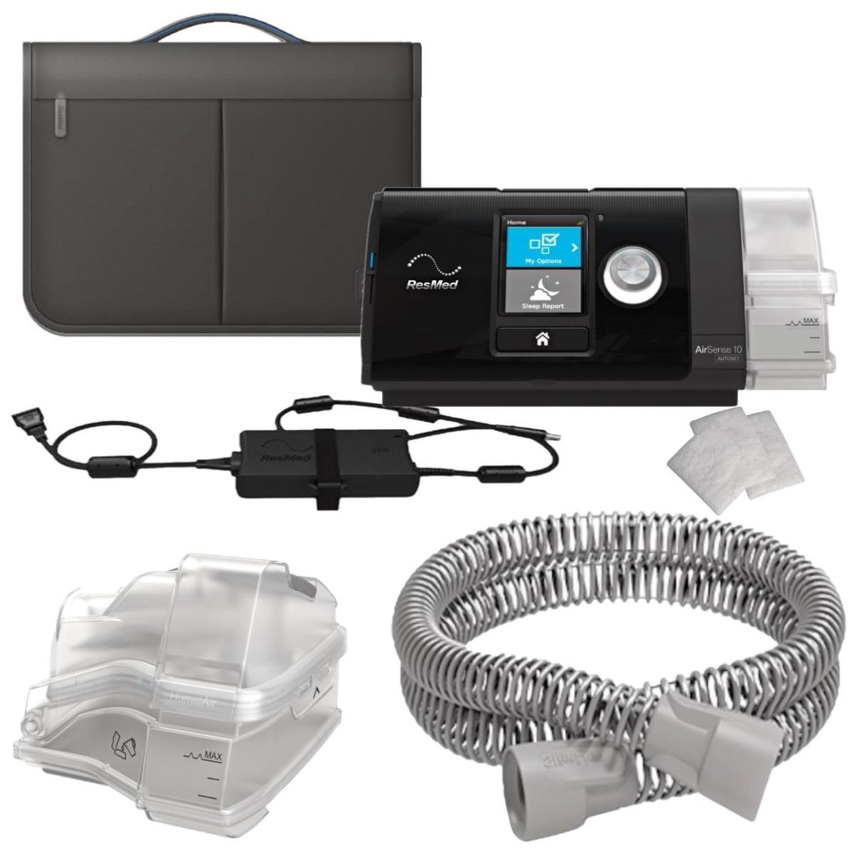 Angled Stock Image of ResMed AirSense 10 Auto CPAP Machine W/ Accessories - Certified Refurbished High Hour Unit