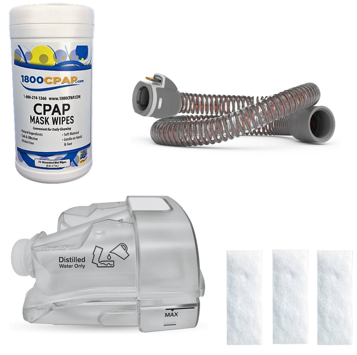 Stock photo of ResMed AirSense 11 Replacement Supply Bundle Kit, including CPAP mask wipes, tubing, water chamber, and filters