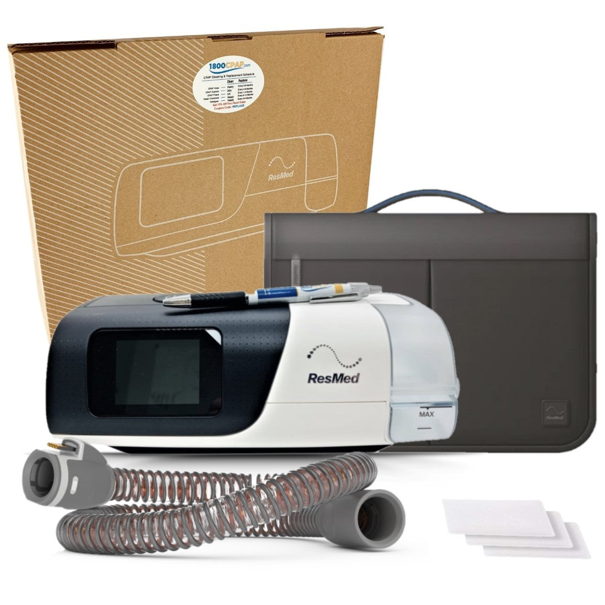 Stock photo of ResMed AirSense 11 CPAP machine with humidifier, machine bag, filters, and tubing