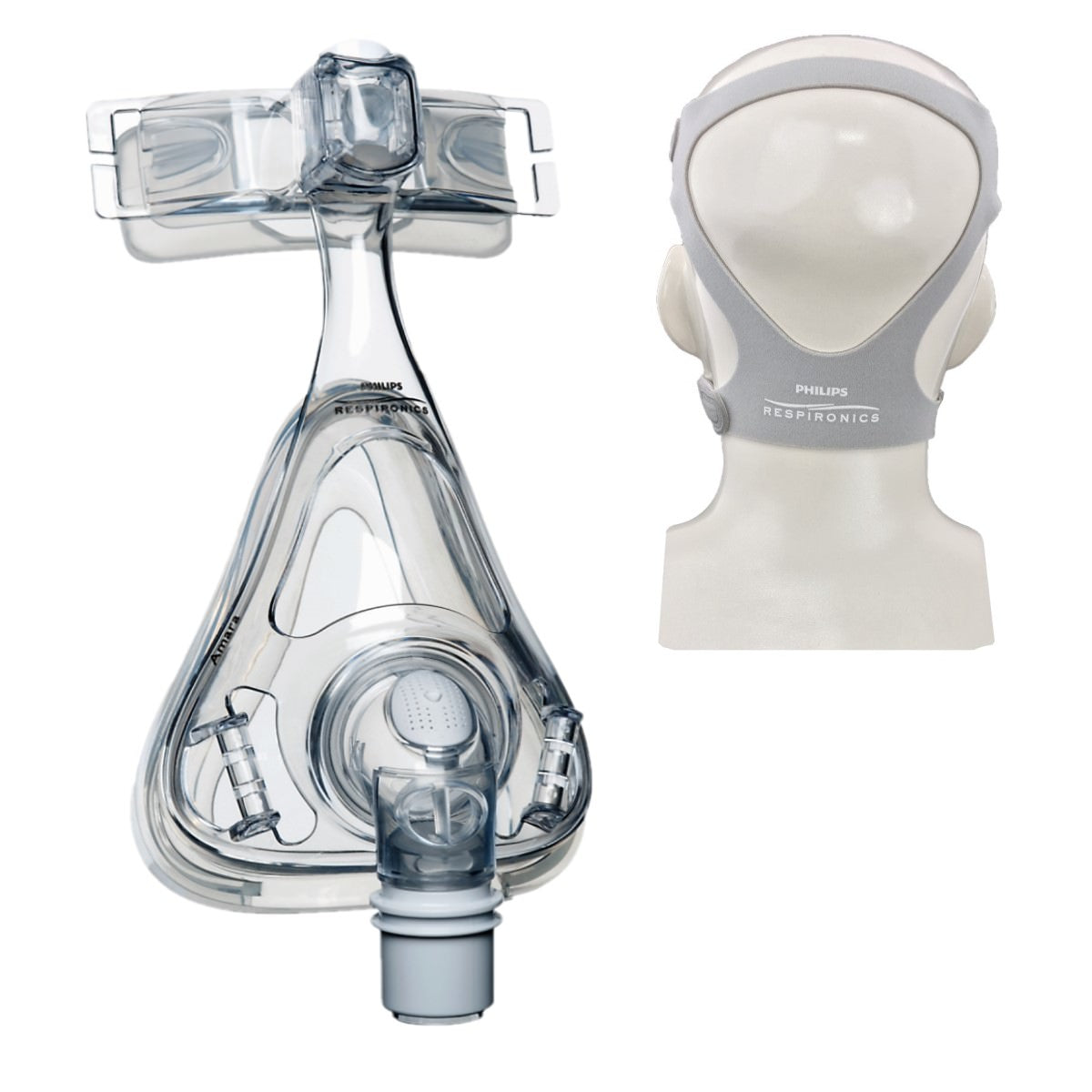 Stock photo of Philips Respironics Amara full face CPAP mask with optional headgear