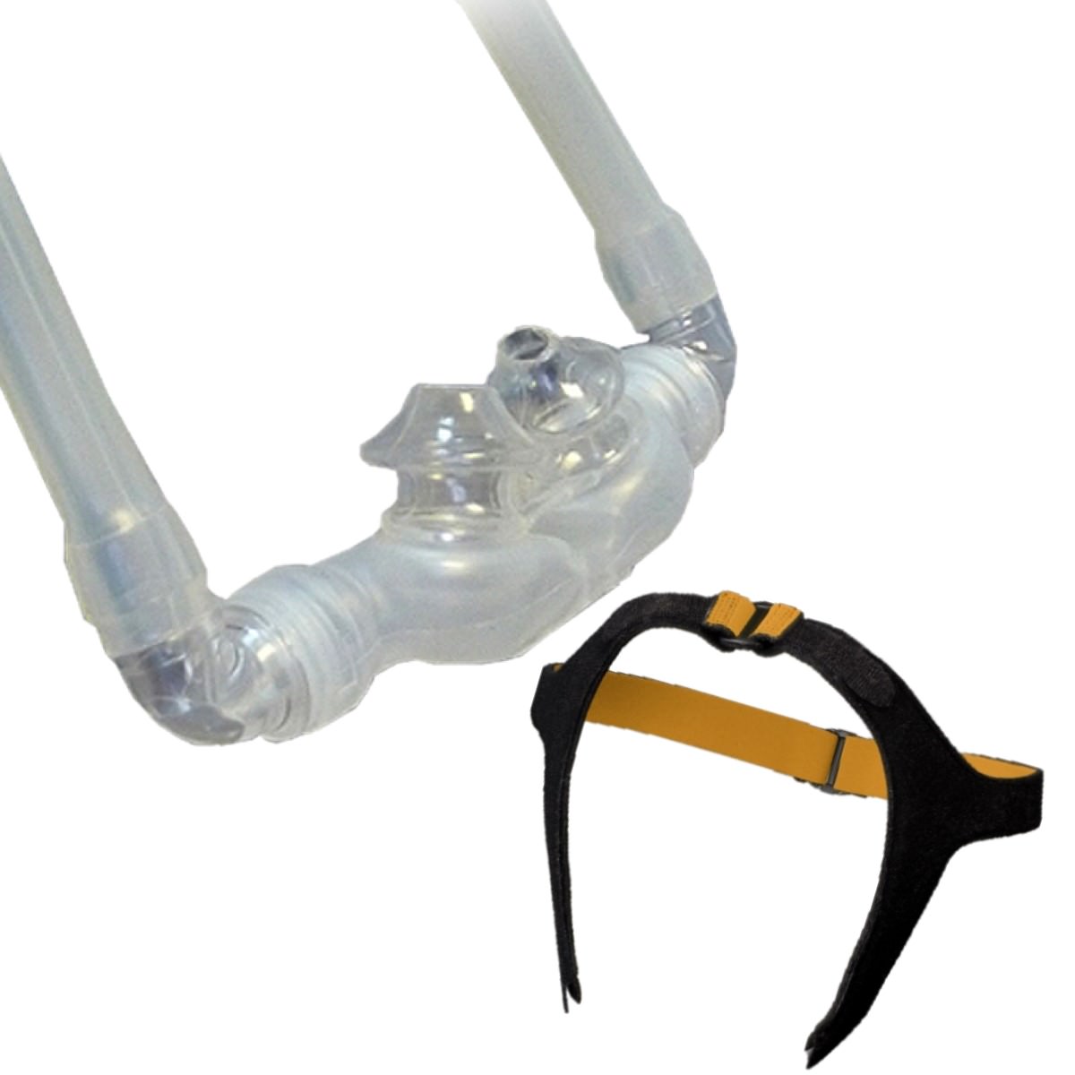 Stock photo of RespCare Bravo II nasal pillow CPAP mask with optional headgear