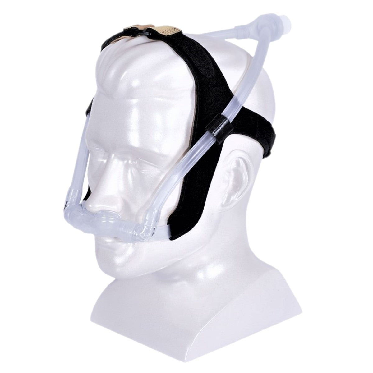 Stock photo of RespCare Bravo II nasal pillow CPAP mask with headgear