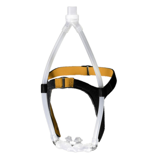 Stock photo of RespCare Bravo II nasal pillow CPAP mask with headgear