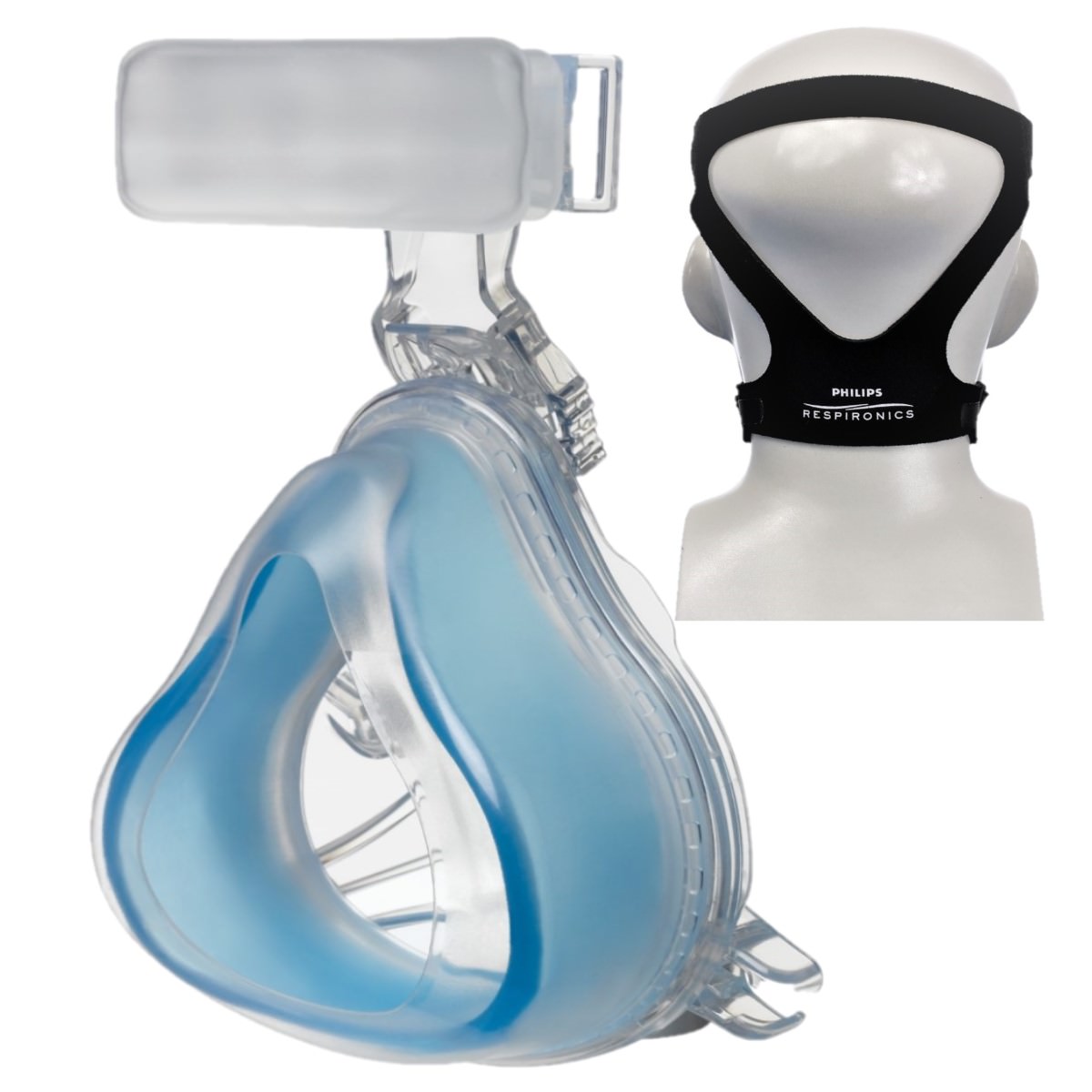 Stock photo of Philips Respironics ComfortGel Blue full face CPAP mask with optional headgear