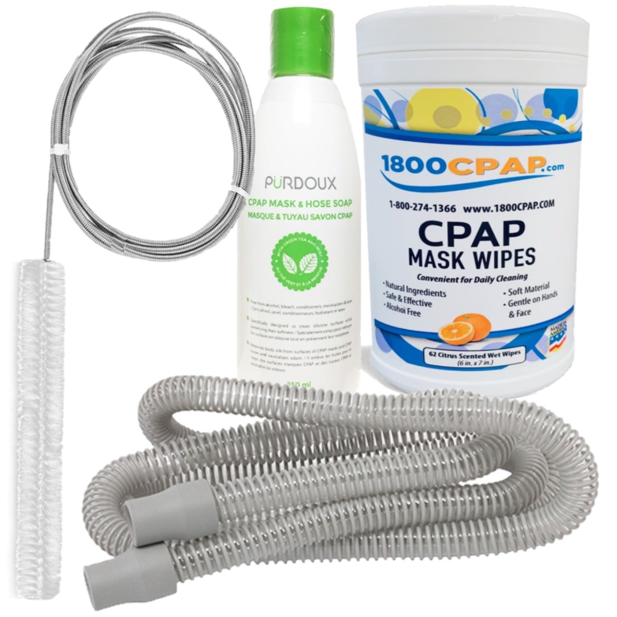 Stock photo of 1800CPAP.com CPAP Cleaning Supply Bundle, including wipes, CPAP mask soap, tube brush, and tubing