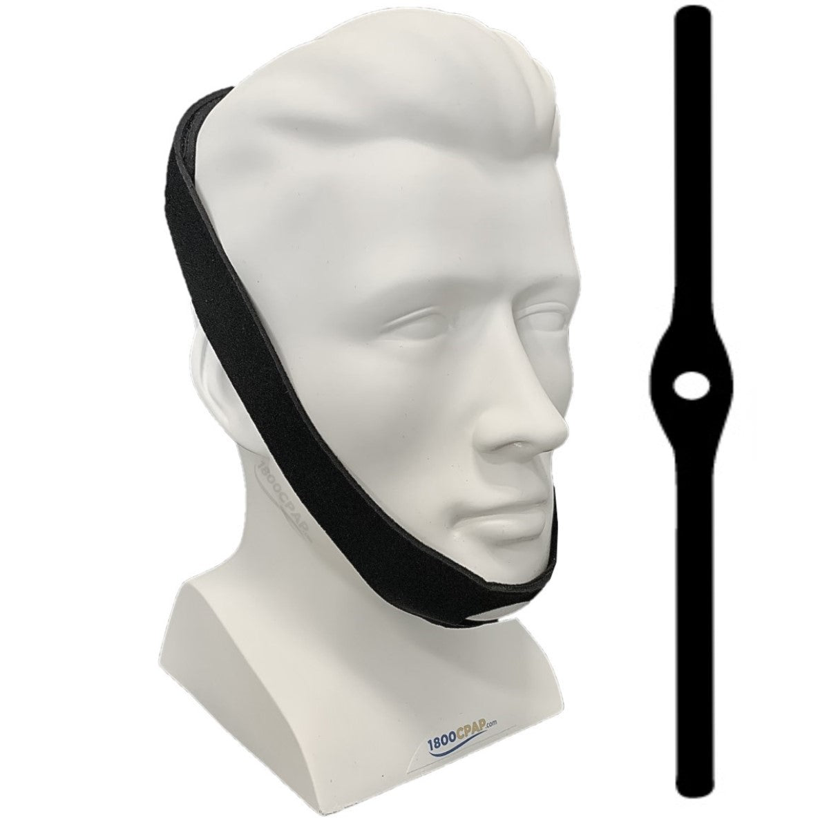 Angled View of Mannequin Head Wearing CPAP Mask Chin Strap for Mouth Breathing