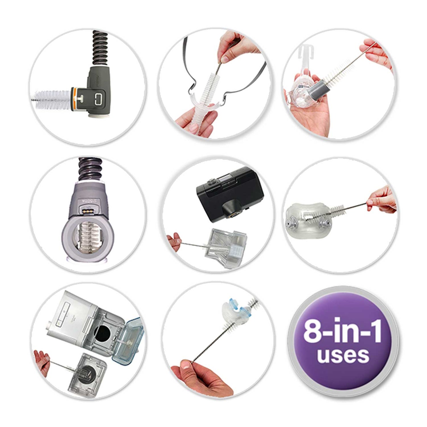 8-in-1 Use photo of CPAPhero CPAP mask and tube cleaning brush
