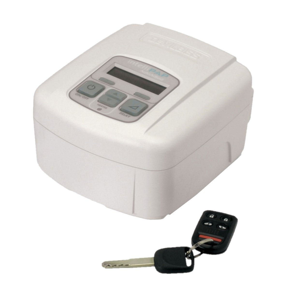 Stock photo of Drive DeVilbiss Medical IntelliPAP Auto CPAP machine next to car keys