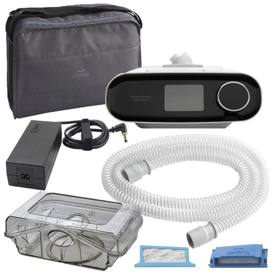 Stock photo of Philips Respironics DreamStation BiPAP Auto SV CPAP Machine with heated humidifier, tubing, machine bag, water chamber, power cord, and filters