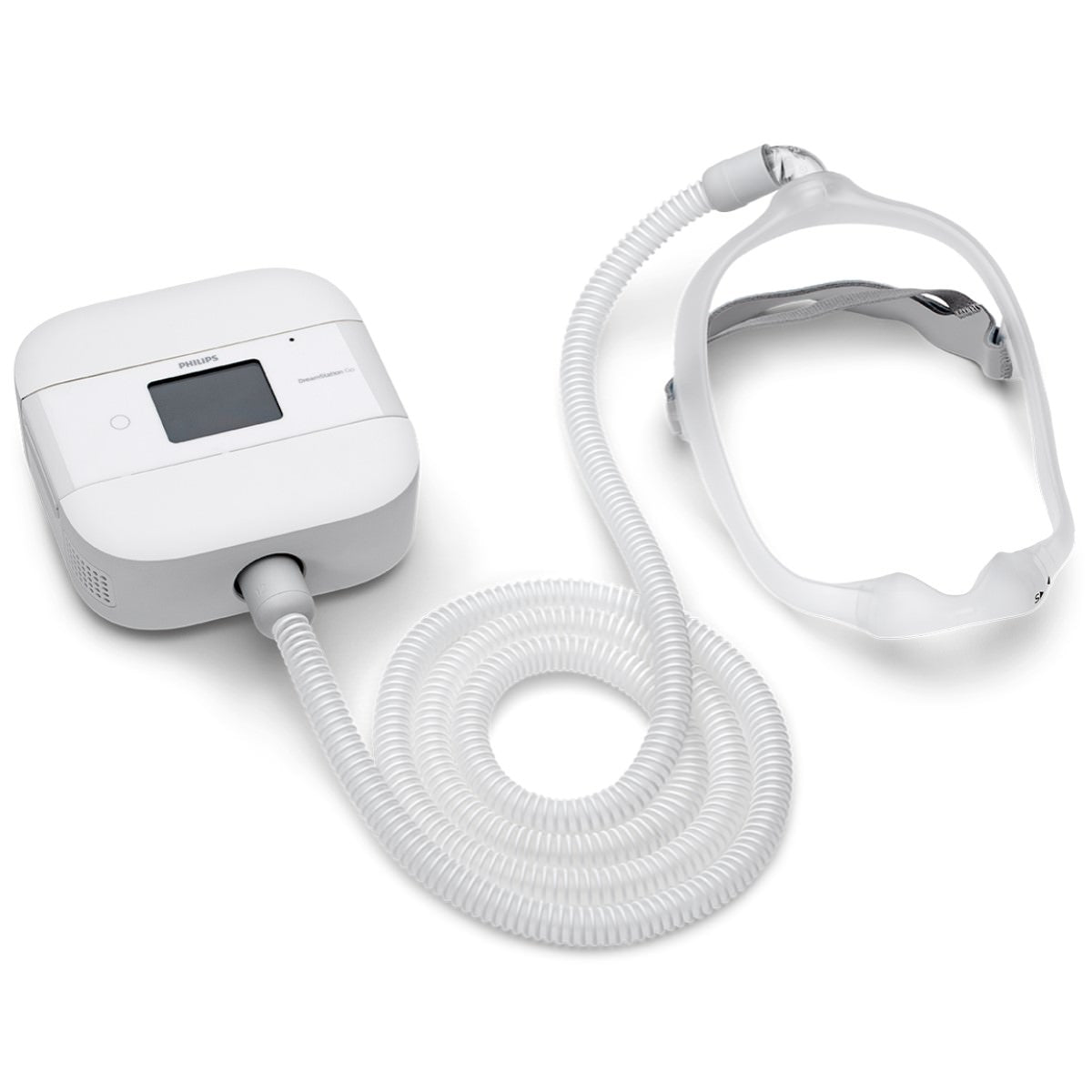 Stock photo of Philips Respironics DreamStation Go Auto Travel CPAP Machine, Tubing, and DreamWear nasal CPAP mask