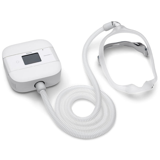 Stock photo of Philips Respironics DreamStation Go Auto Travel CPAP Machine, Tubing, and DreamWear nasal CPAP mask
