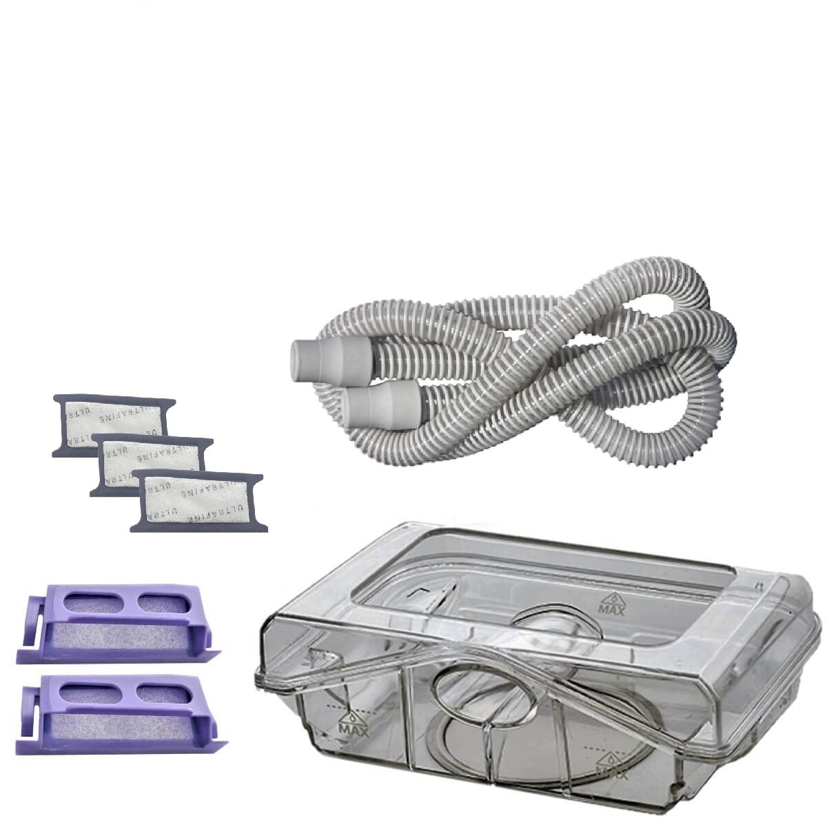 Stock photo of Philips Respironics DreamStation Standard CPAP Machine Bundle, including tubing, filters, and water chamber