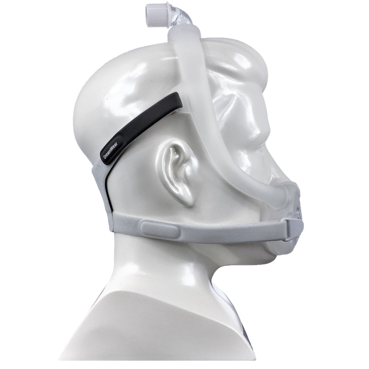 Side View of a Mannequin Head Wearing a Philips Respironics DreamWear Full Face Mask W/ Headgear
