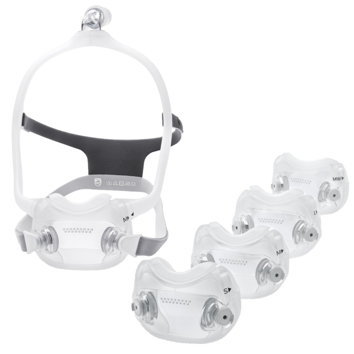 Floating Image of Philips Respironics DreamWear Full Face Mask W/ Medium Cushion & Headgear, Along W/ All Cushion Sizes