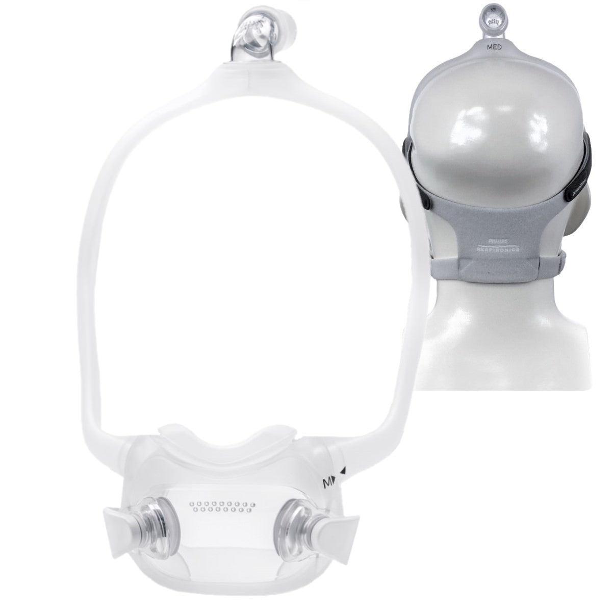 Floating Image of Philips Respironics DreamWear Full Face Mask W/ Medium Cushion & the Back of a Mannequin Head Wearing a DreamWear Full Face Mask W/ Headgear