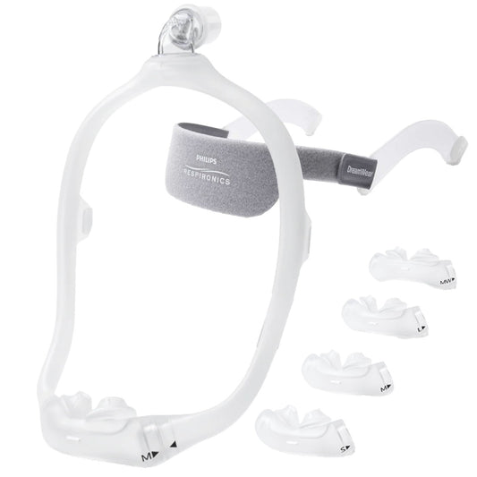 Stock photo of Philips Respironics DreamWear Silicone nasal pillow CPAP mask fit pack with headgear