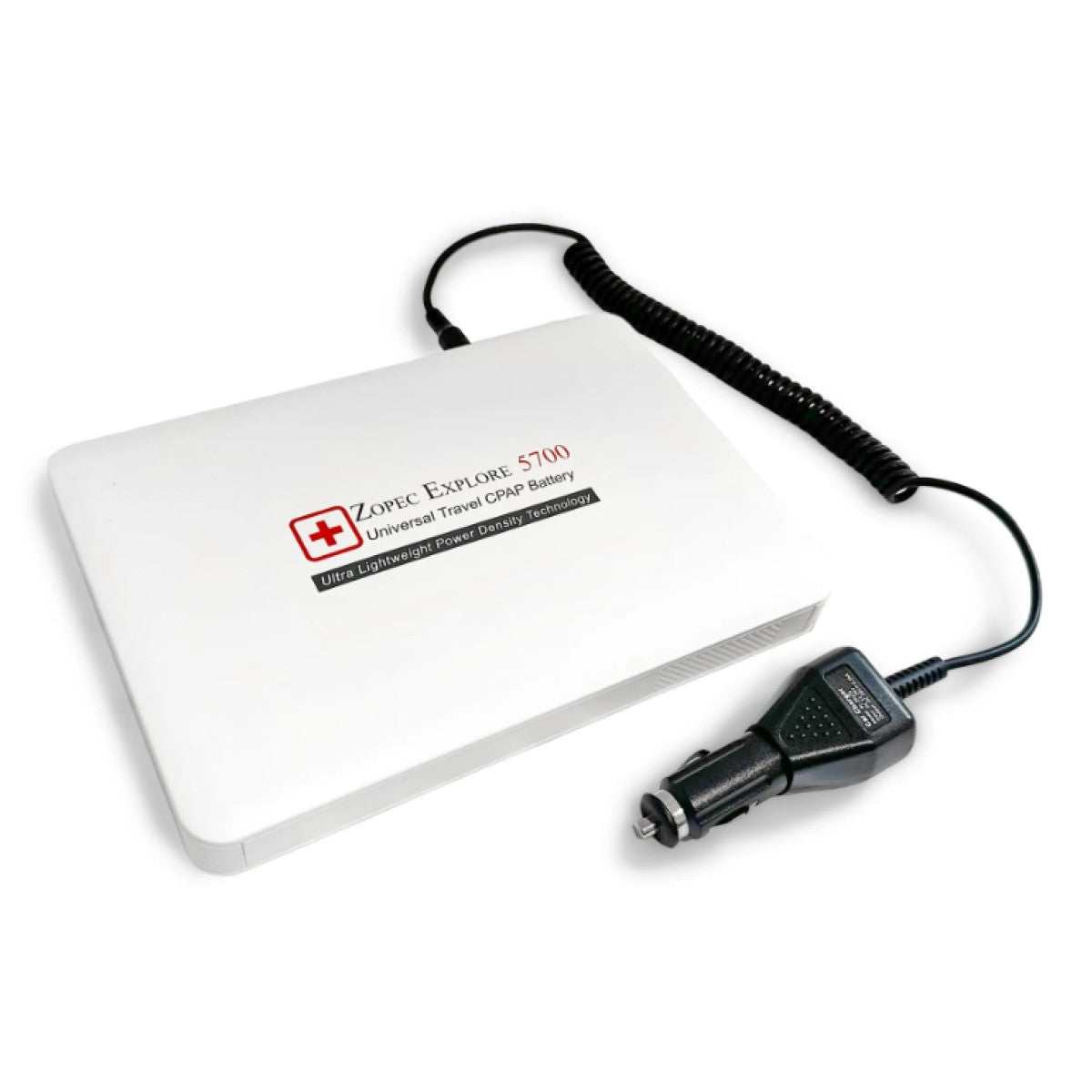 Stock photo Zopec Explore 5700 Universal CPAP Travel Battery with cord plugged in