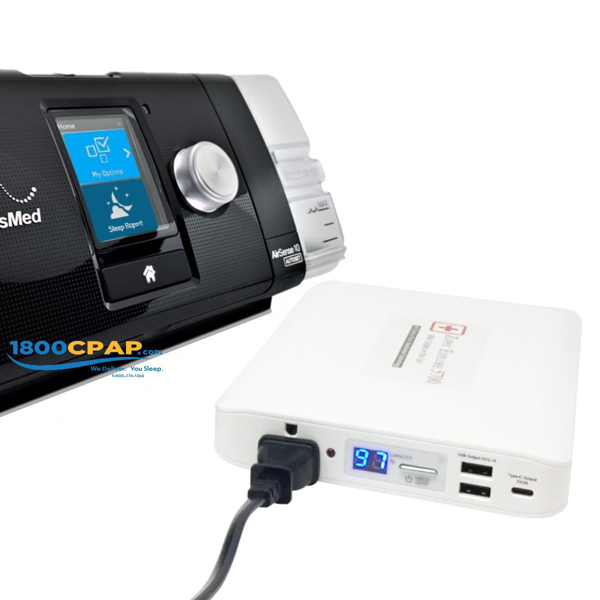Stock photo Zopec Explore 5700 Universal CPAP Travel Battery plugged into ResMed AirSense 10 machine