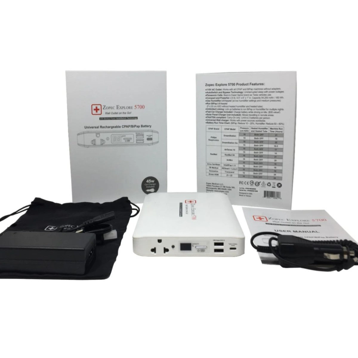 Stock photo Zopec Explore 5700 Universal CPAP Travel Battery, case, and instructions