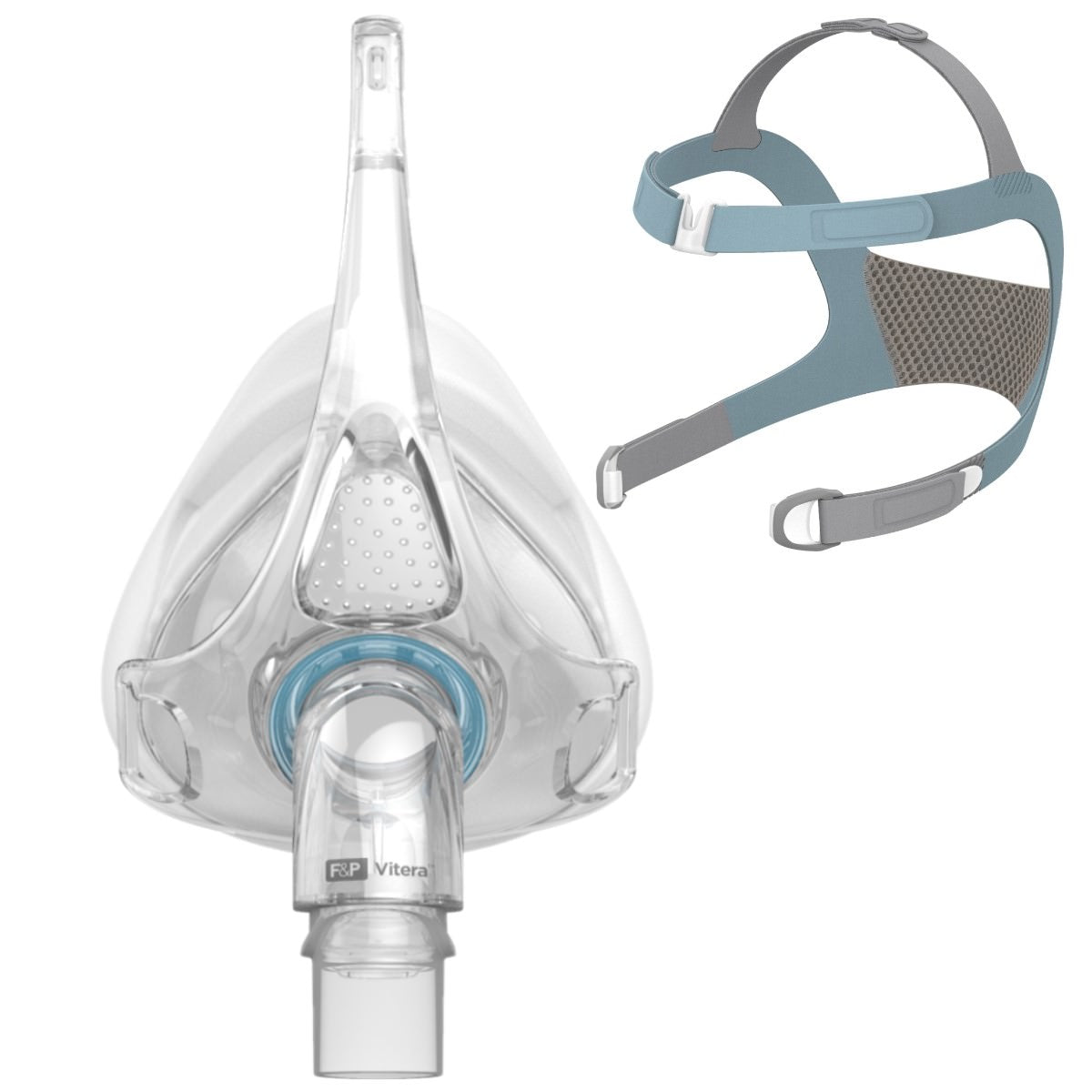 Front facing stock photo of Fisher & Paykel Vitera full face CPAP mask kit with headgear