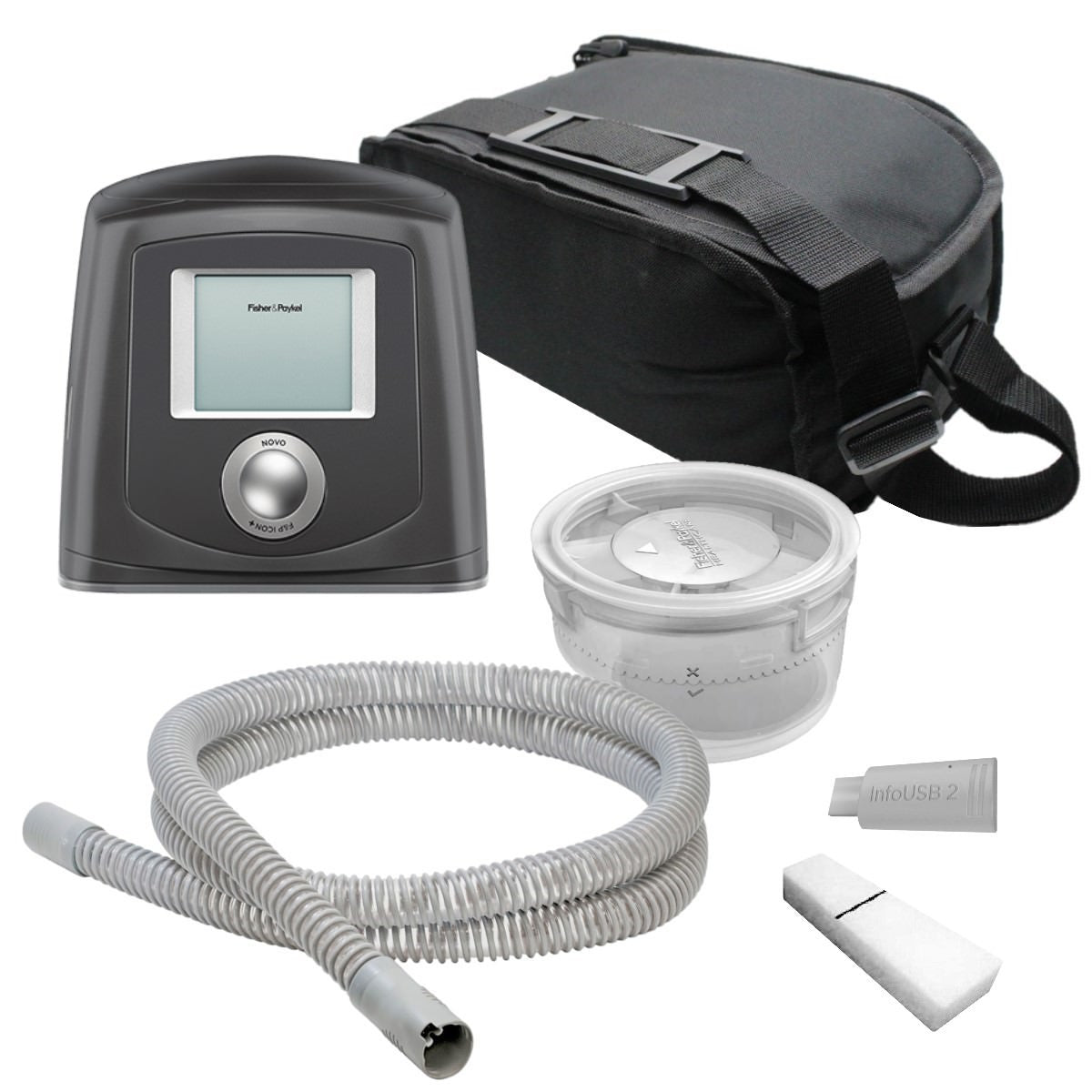 Stock photo of Fisher & Paykel Icon Novo CPAP machine, machine bag, water chamber, tubing, InfoUSB, and filter