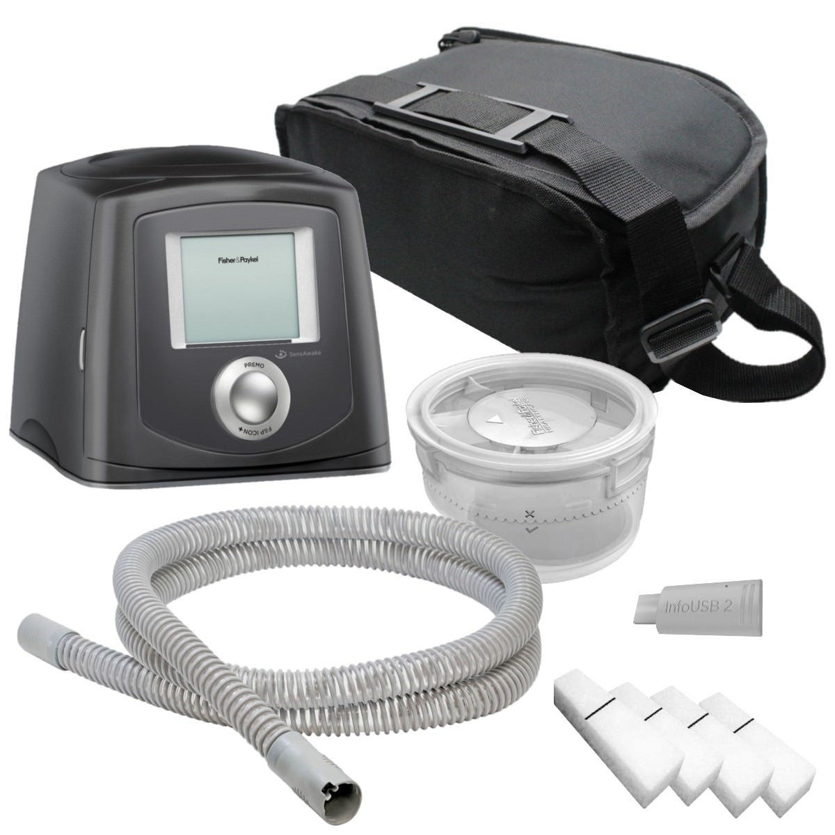 Stock photo of Fisher & Paykel Icon Premo CPAP Machine, machine bag, water chamber, tubing, and filters