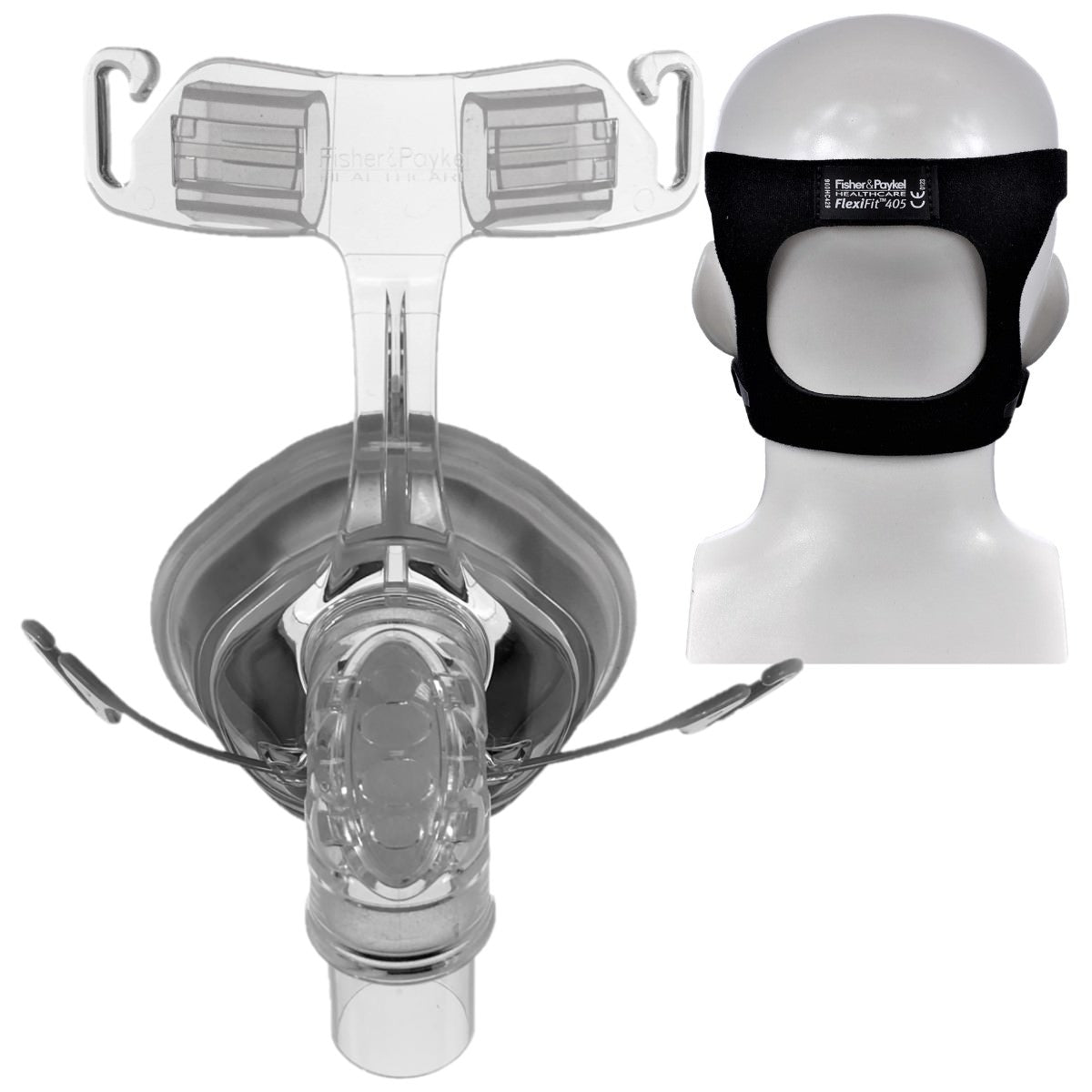 Stock photo of Fisher and Paykel FlexiFit 405 nasal CPAP mask with optional headgear