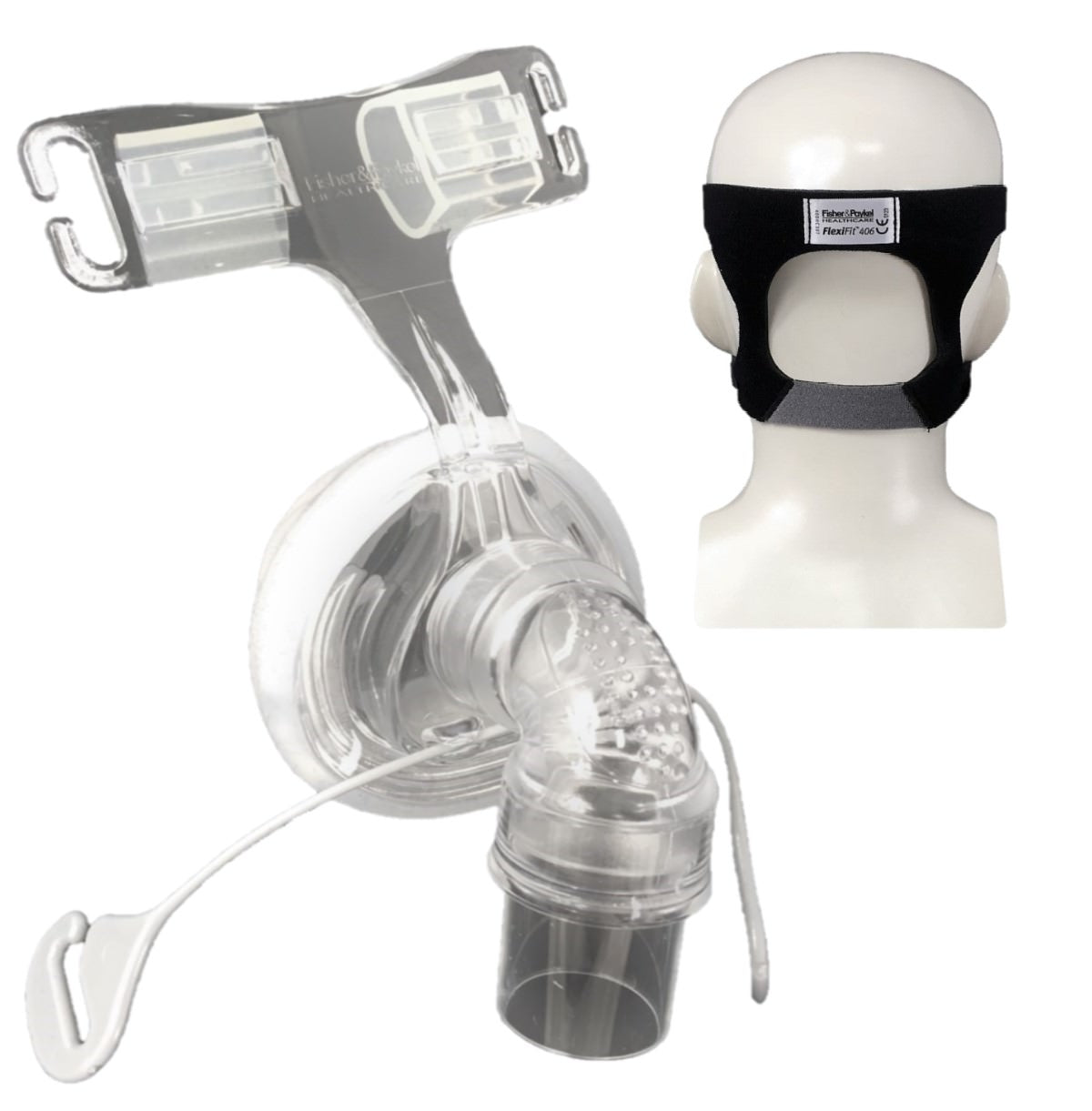 Stock photo of Fisher & Paykel FlexiFit 406 nasal CPAP mask with optional headgear