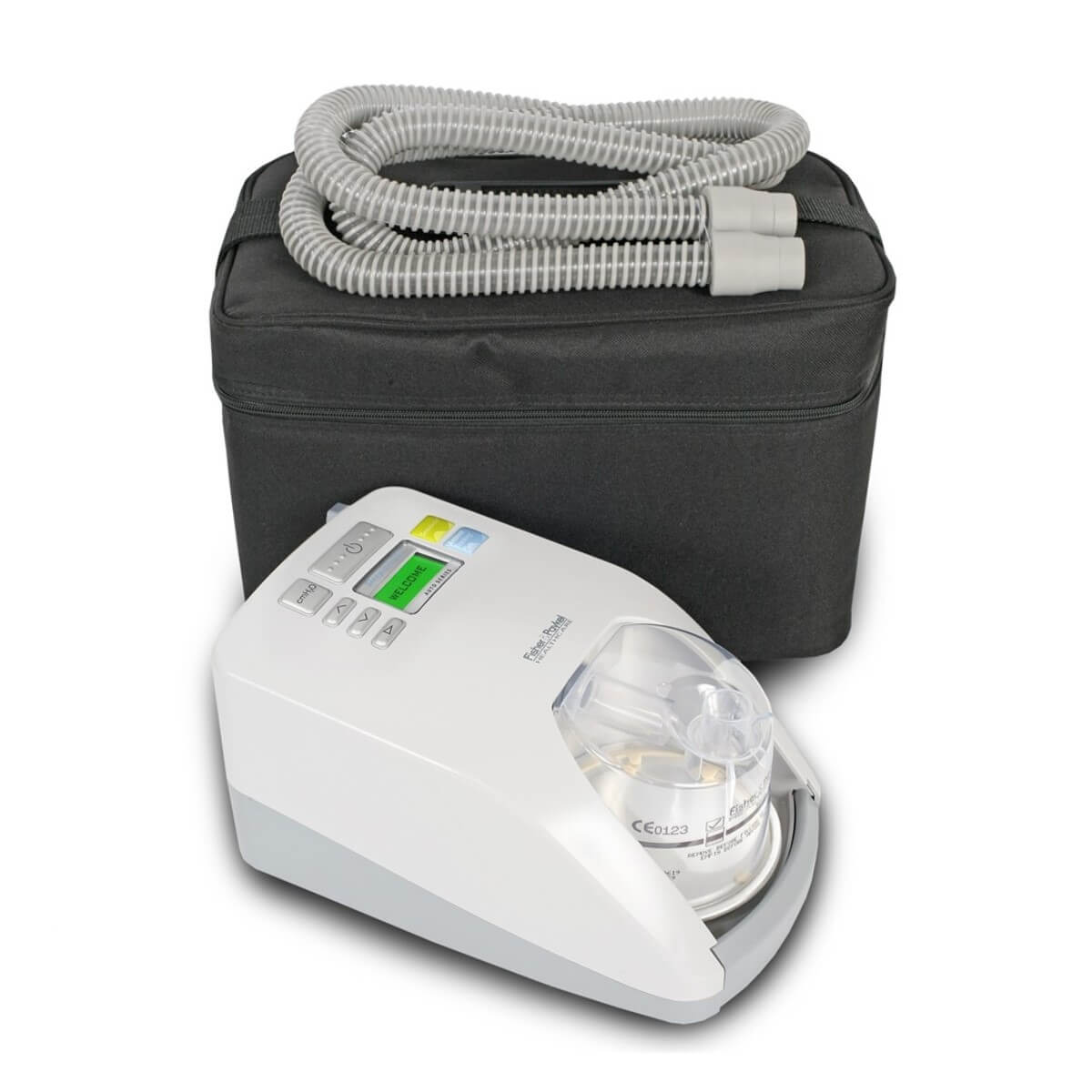 Stock photo of Fisher & Paykel SleepStyle 254 Auto CPAP machine, tubing, and machine bag