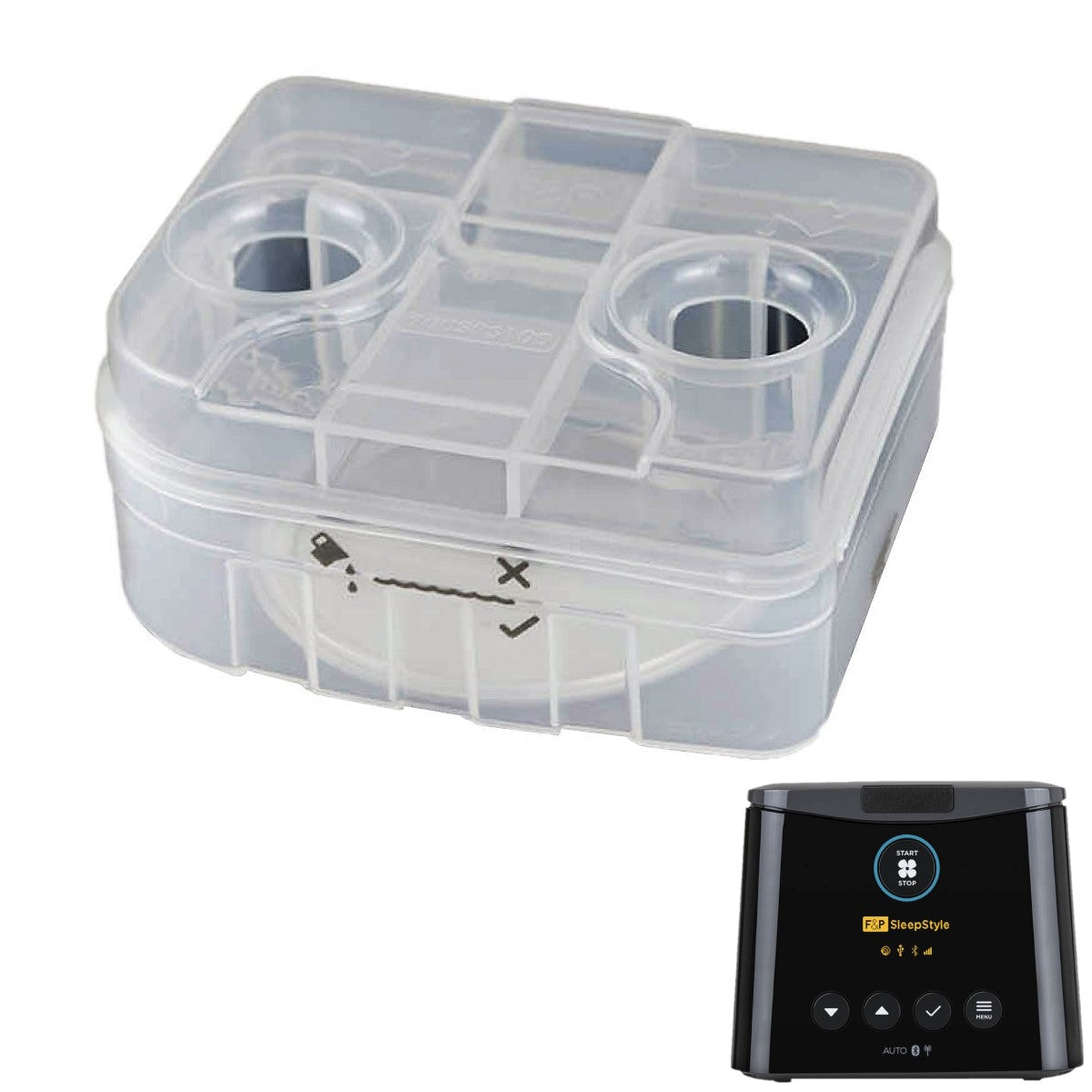 Floating Image of Fisher & Paykel's SleepStyle Replacement Water Chamber & Front View of F&P SleepStyle CPAP Machine
