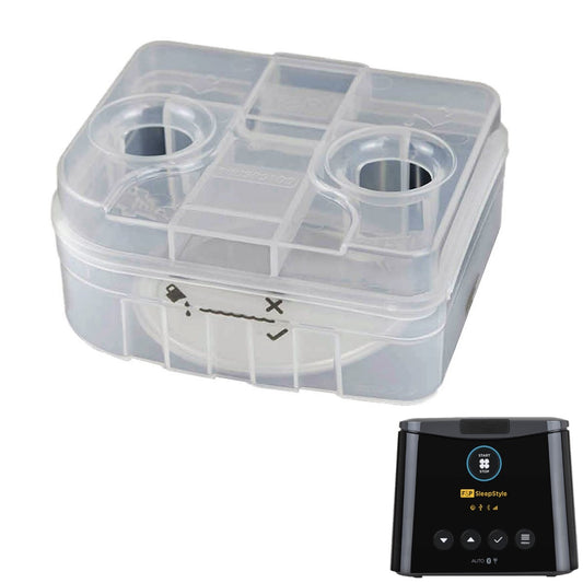 Floating Image of Fisher & Paykel's SleepStyle Replacement Water Chamber & Front View of F&P SleepStyle CPAP Machine