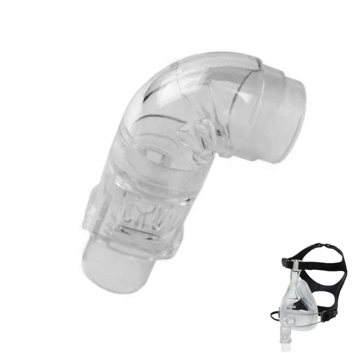 Stock photo of Philips Respironics HC431 full face CPAP mask elbow and vented valve